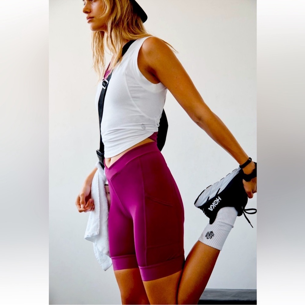 NWT FP Movement In the Saddle Bike Shorts pockets Aubergine Eggplant Pink Purple